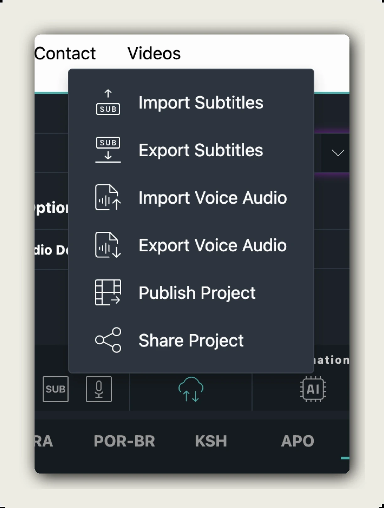 manage audio alugha — Im-/Export toolbar menu showing Import Voice Audio and Export Voice Audio