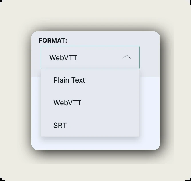 Import and export menu in the alugha dubbr with WEBVTT, SRT, plain text and burned-in video options, for a TikTok transcript