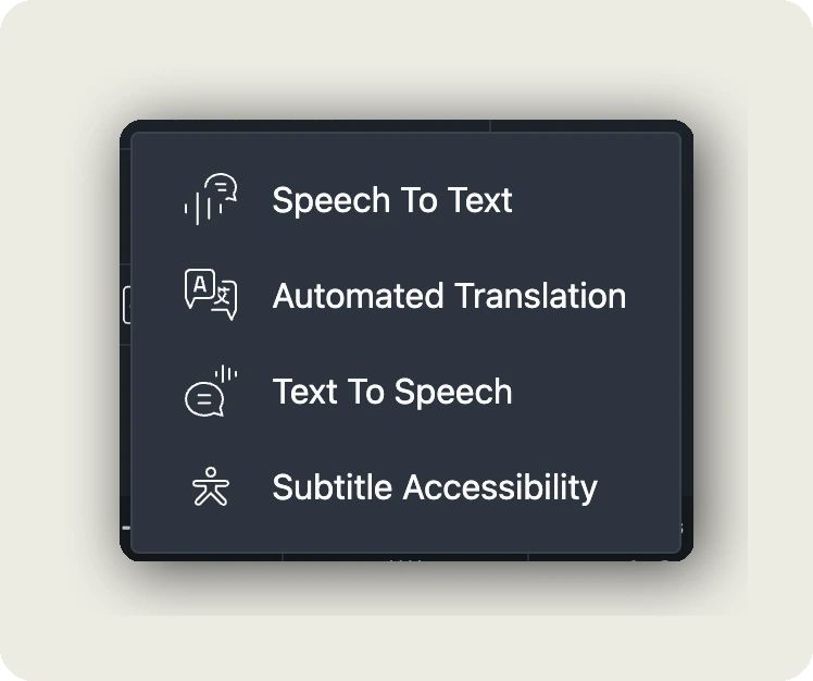 dubbr 101 — Automation toolbar submenu showing Speech To Text, Automated Translation, Text To Speech, Subtitle Accessibility