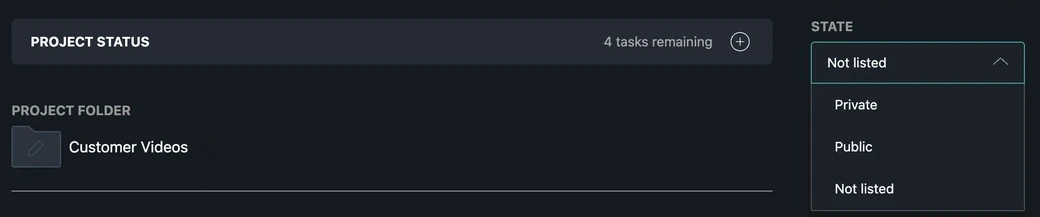 The PROJECT tab in the dubbr with the STATE menu open, showing Private, Public and Not listed