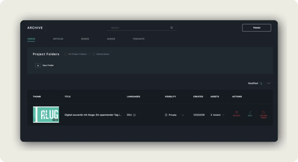 alugha project folder view with DELETE, EDIT, and UNLINK VIDEO actions to manage your videos in My archive