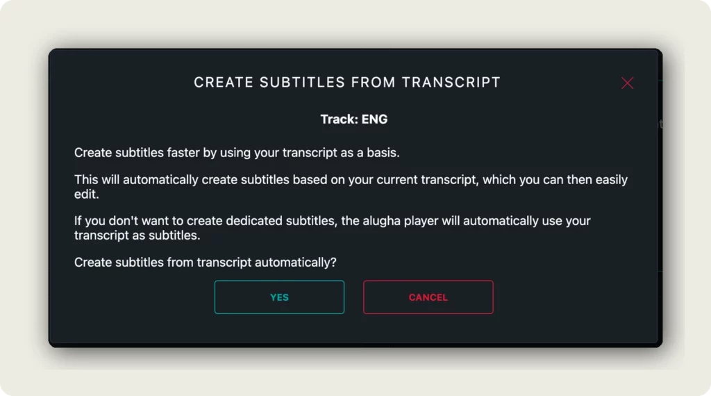 Copy Dub To Subs confirmation dialog to create subtitles when you add AI translations to your video