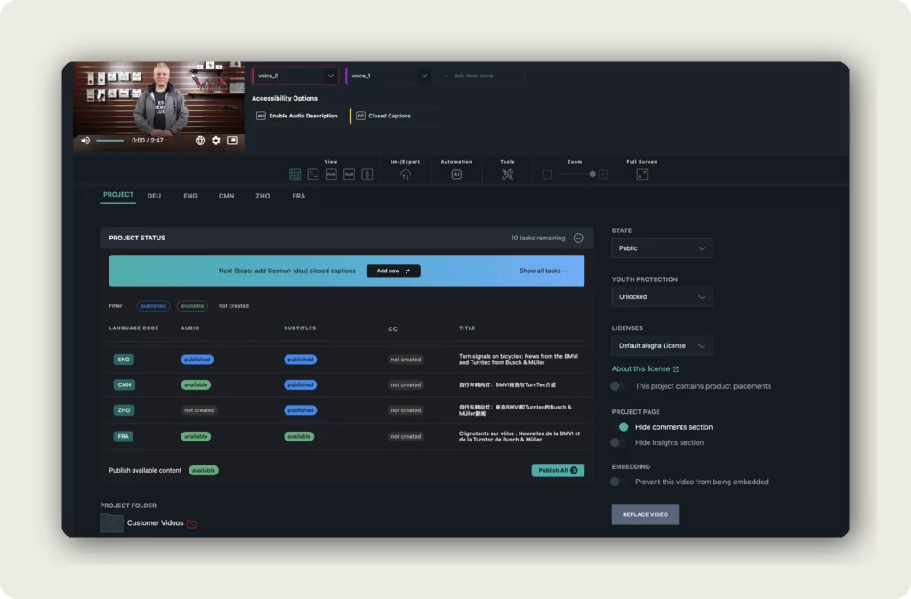 alugha dubbr PROJECT STATUS tab with right sidebar showing STATE Public, YOUTH PROTECTION Unlocked, LICENSES Default alugha License, PROJECT PAGE toggles, EMBEDDING toggle, and REPLACE VIDEO button to publish multilingual video project