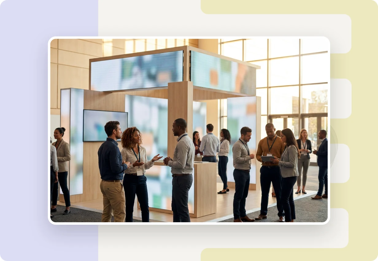 alugha at DMEXCO 2024: marketing professionals reviewing a multilingual video campaign at a digital marketing expo booth