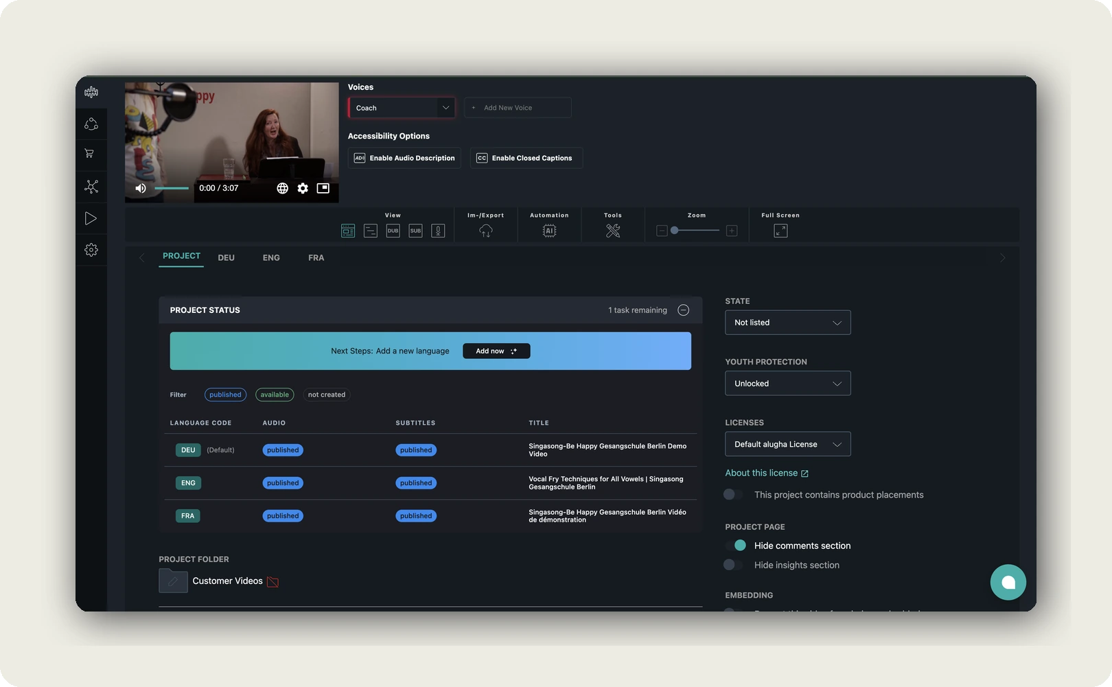 dubbr 101 — PROJECT tab with PROJECT STATUS panel, per-language audit table, STATE dropdown, Youth Protection, Licenses, PROJECT FOLDER, and PROJECT PAGE options