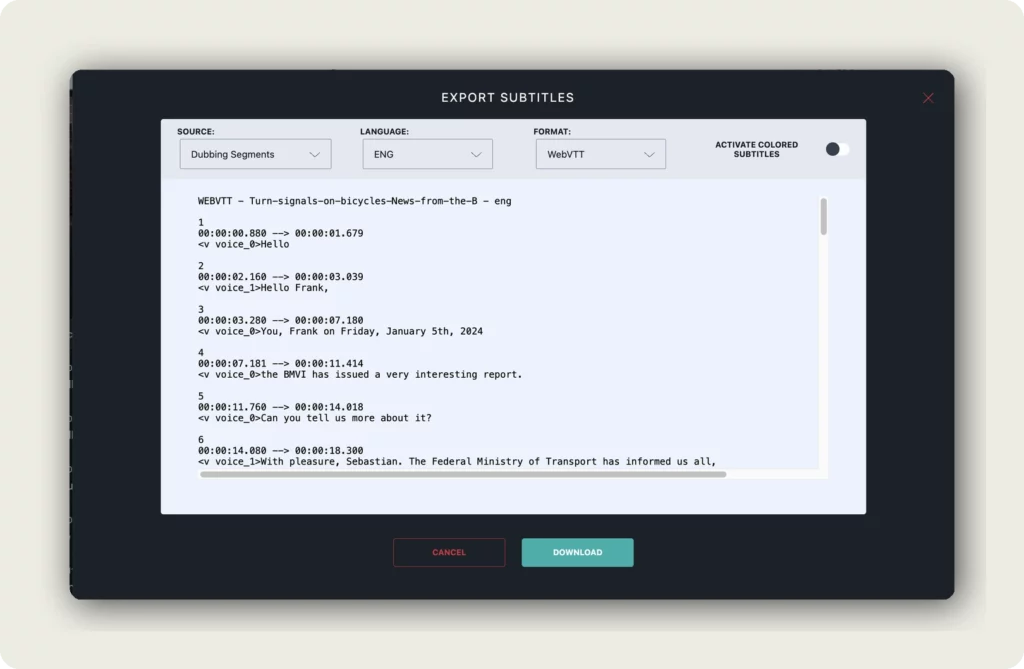 alugha Export Subtitles dialog with Source Dubbing Segments, Language ENG, Format WebVTT, Activate colored subtitles toggle, WebVTT preview and Download button to export subtitles