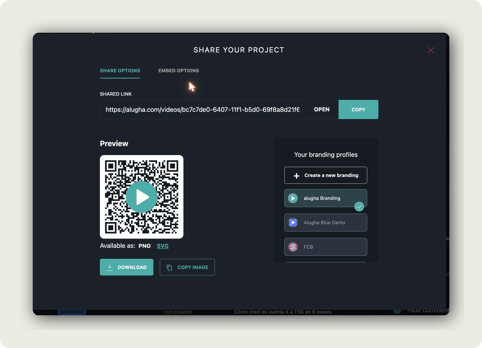 embed alugha player social networks. SHARE YOUR PROJECT dialog with shared link, QR code preview, PNG and SVG download and branding profiles