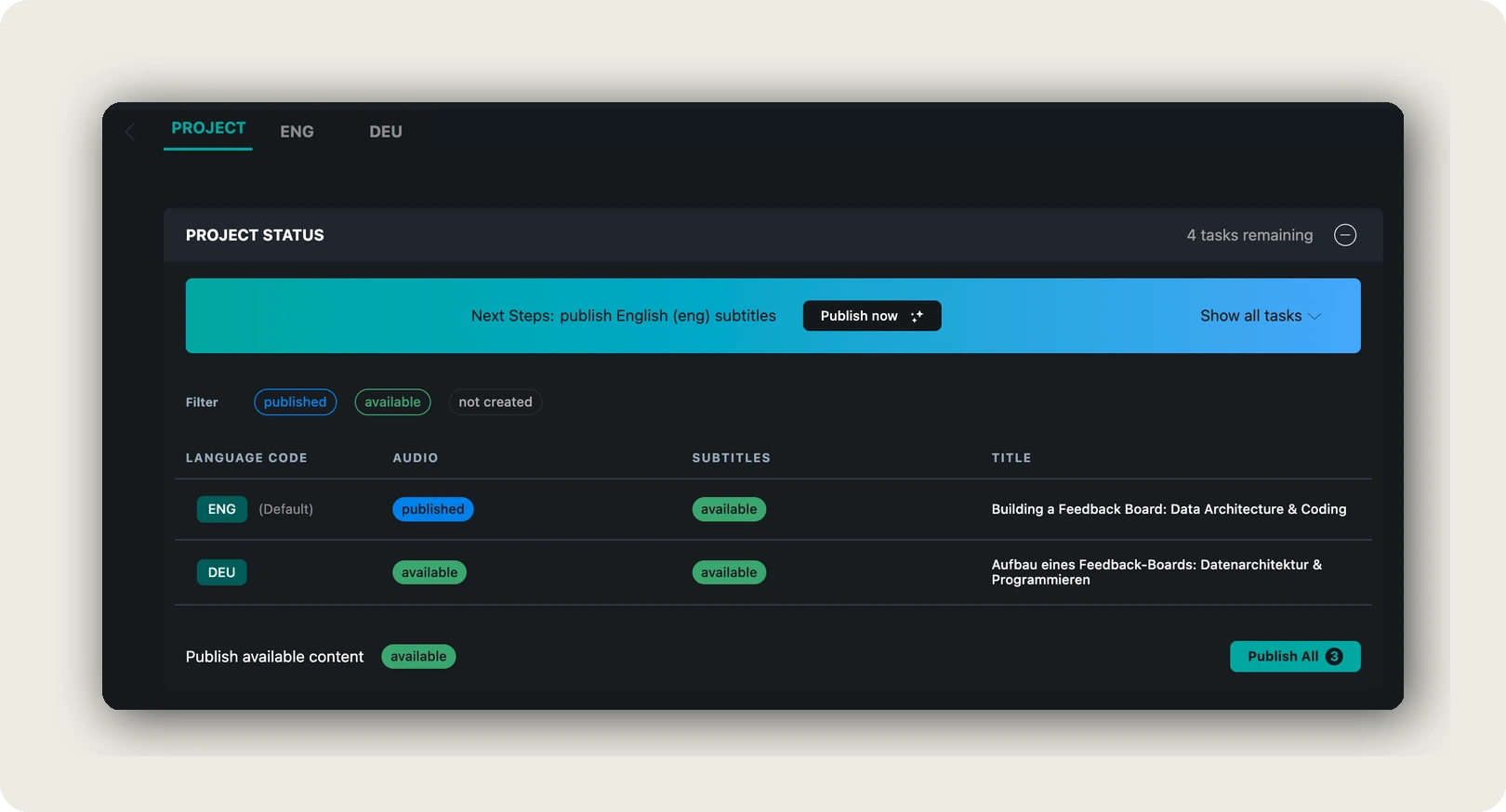 The project status view in the alugha dubbr: English and German each with their own audio and subtitle status and their own title, ready to publish