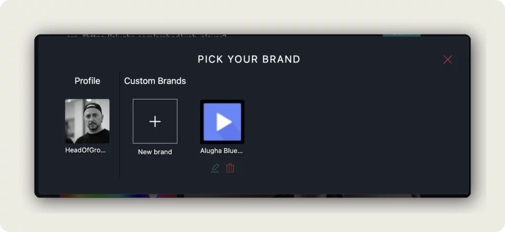 alugha Pick Your Brand dialog with Profile avatar, Custom Brands section showing New brand button and Alugha Blue brand card with edit and delete icons to customize player appearance