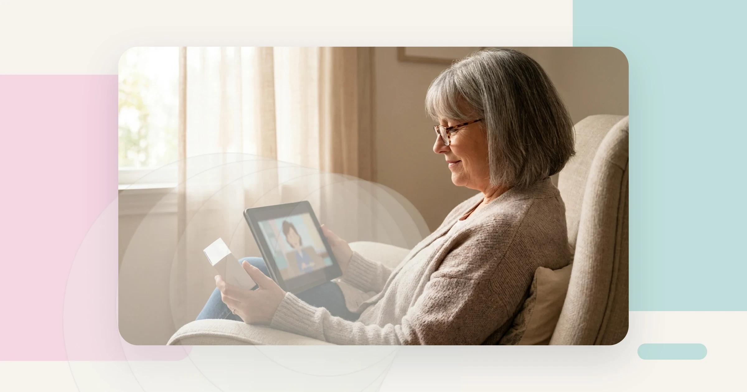 Multilingual patient information: an older patient watching a health video on a tablet at home while holding a medicine box