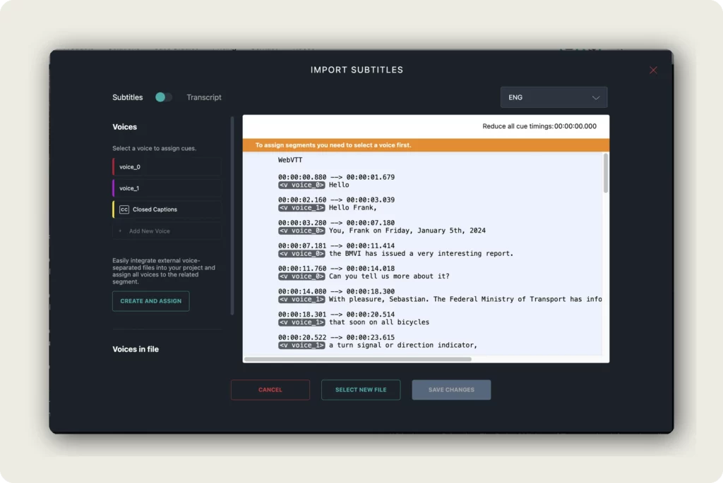 alugha Import Subtitles dialog with Subtitles Transcript toggle, Voices panel with voice_0 voice_1 and Closed Captions, WebVTT preview and Voices in file VOICE_0 VOICE_1 assignment to import subtitles
