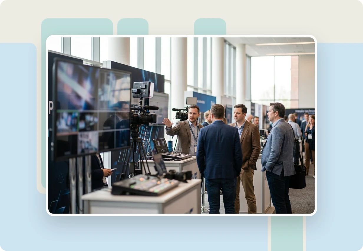 alugha at IBC 2024: media and broadcast professionals reviewing a multilingual video workflow at a technology convention booth