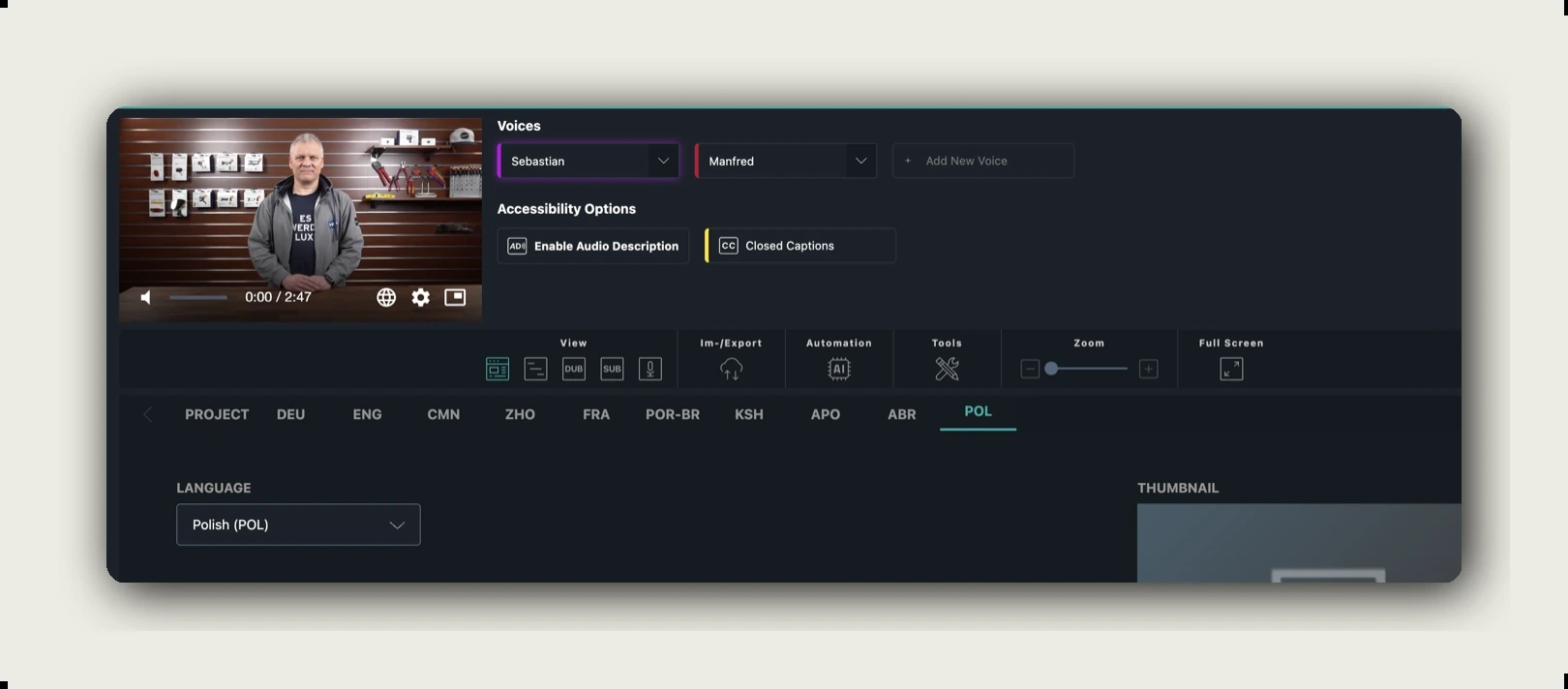 manage language tracks — Language Tabs bar across the dubbr with PROJECT, DEU, ENG, CMN, FRA, POL etc.