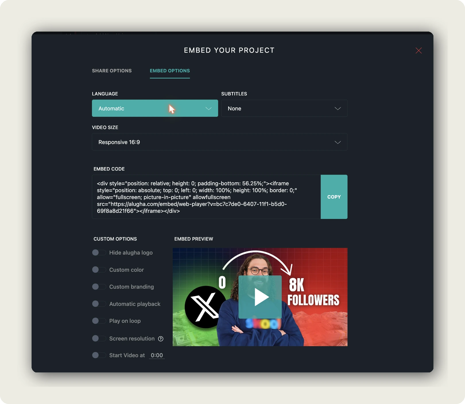 automatically enable subtitles embedded videos. EMBED OPTIONS tab with LANGUAGE, SUBTITLES and VIDEO SIZE dropdowns above the embed code