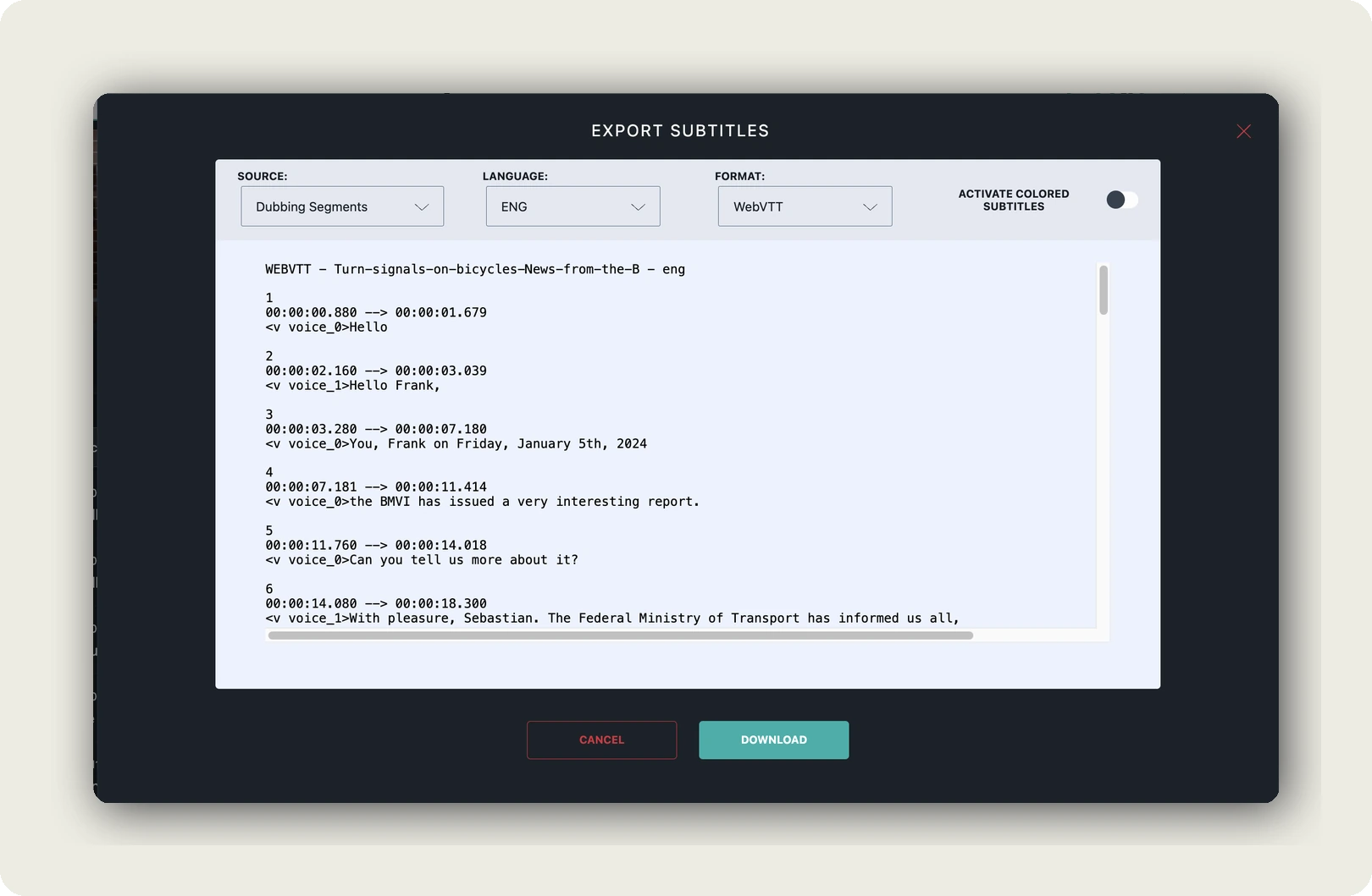 Exporting as WebVTT keeps a voice tag on every cue. Replace voice_0 and voice_1 with your own labels, such as INT and P03