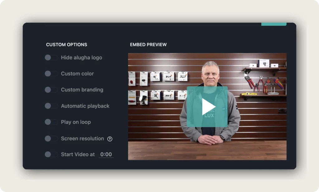 alugha Embed Options Custom Options section showing Hide alugha logo, Custom color, Custom branding, Automatic playback, Play on loop, Screen resolution, and Start Video at toggles with live Embed Preview to set autoplay loop and start time for embeds