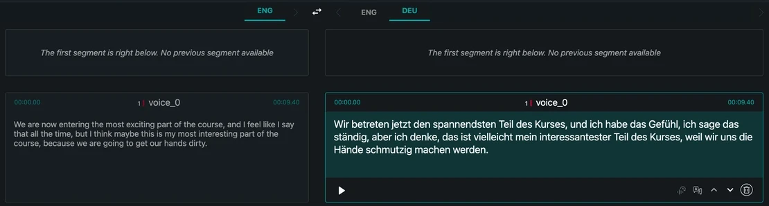 Side-by-side review of a video's English source segment and its German translation with matching timecodes