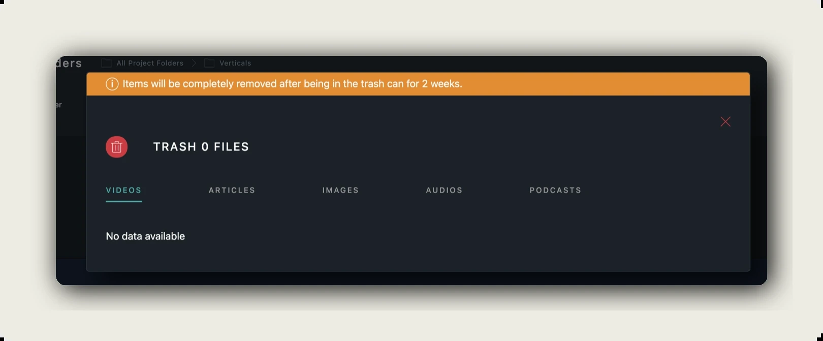 alugha folders — TRASH panel with sub-tabs and orange two-week-removal banner