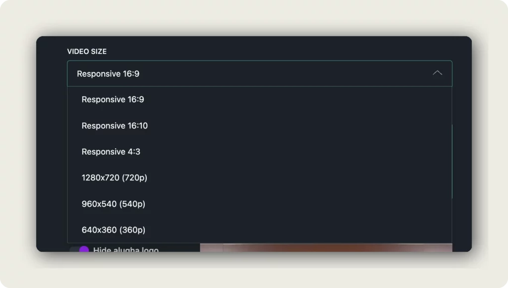 alugha Embed Options Video Size dropdown with Responsive 16:9, Responsive 16:10, Responsive 4:3, 1280x720 720p, 960x540 540p, and 640x360 360p options to set autoplay loop and start time for embeds