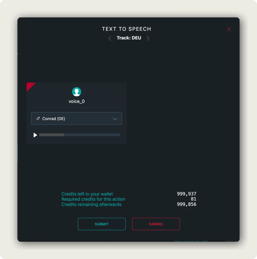 Text-to-Speech dialog with AI voice selection to add AI translations to your video
