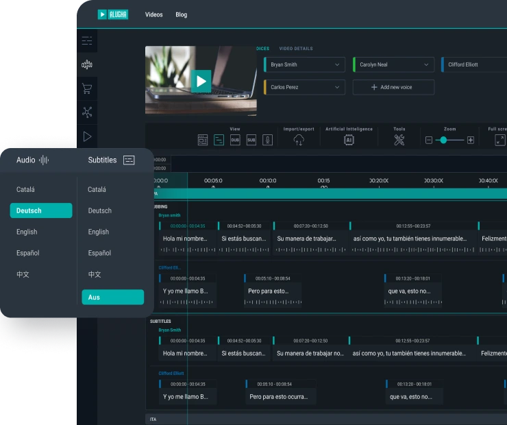 Language selection menu and video dubbing interface