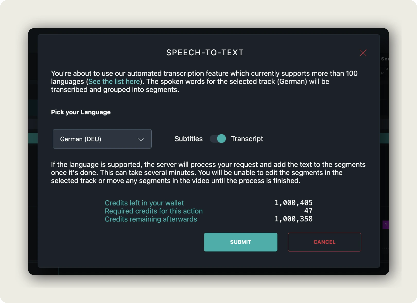 The alugha speech-to-text dialog with the source language selected and a switch between subtitles and transcript