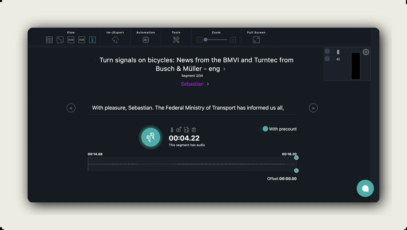manage recording alugha — Recording Panel at top-right of the dubbr with toggles, dB meter, mini preview, and gear icon
