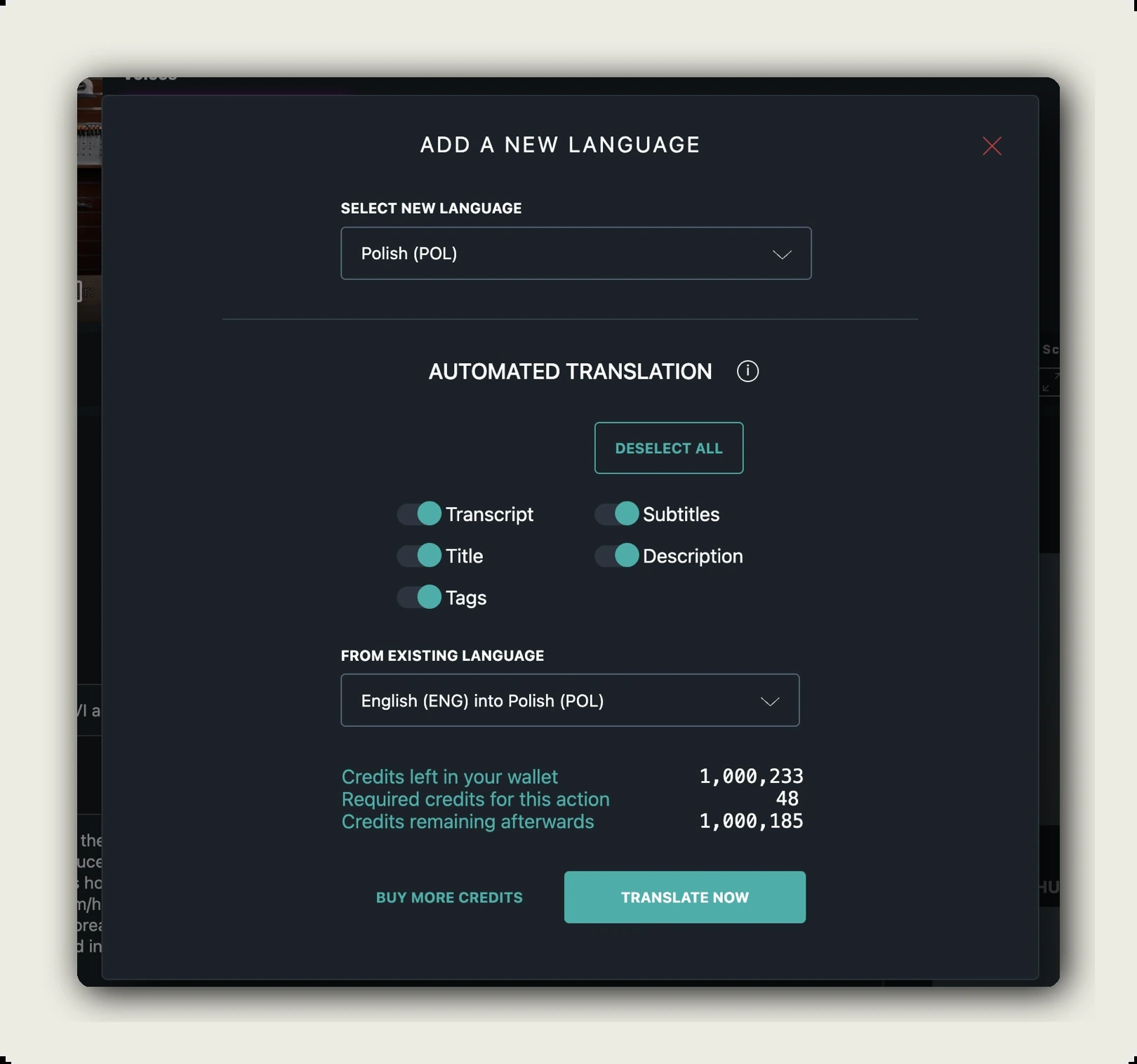 manage language tracks — ADD A NEW LANGUAGE dialog with toggles enabled, FROM EXISTING LANGUAGE dropdown, credit preview, and TRANSLATE NOW button