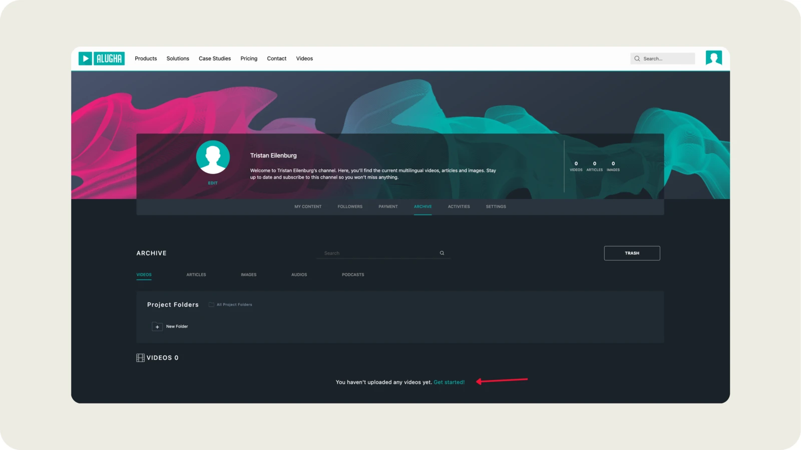 alugha Publisher page with upload area for your first video