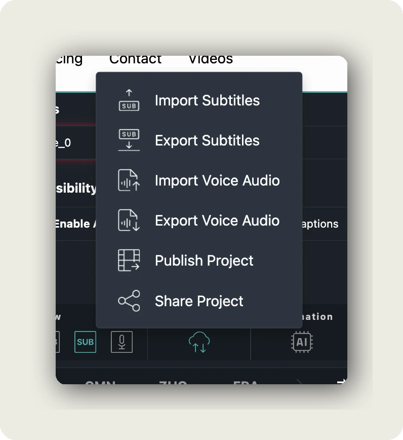 alugha dubbr Im-/Export menu with Import Subtitles, Export Subtitles, Import Voice Audio, Export Voice Audio, Publish Project, and Share Project options to import subtitles