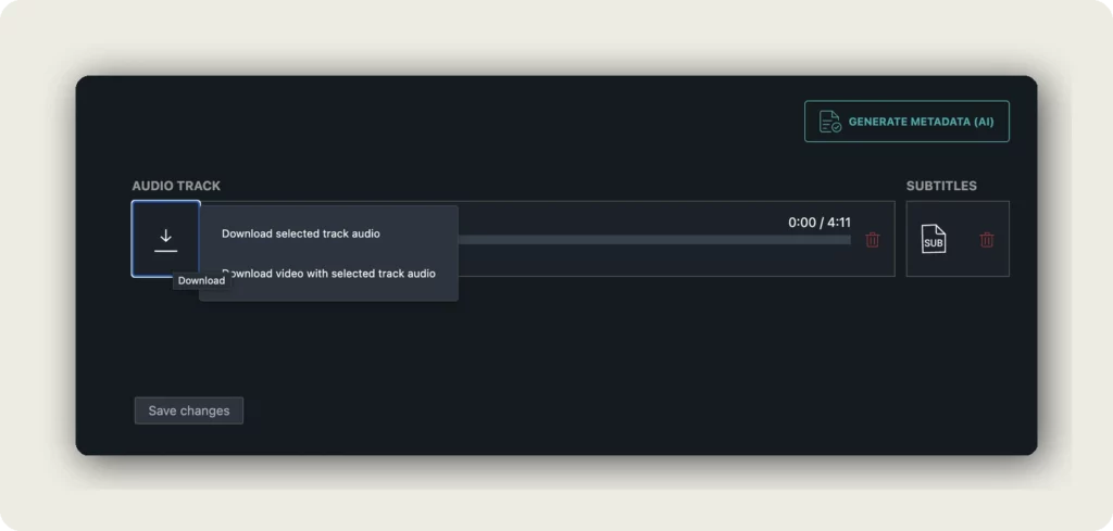 alugha AUDIO TRACK download menu with Download selected track audio and Download video with selected track audio options to edit language metadata