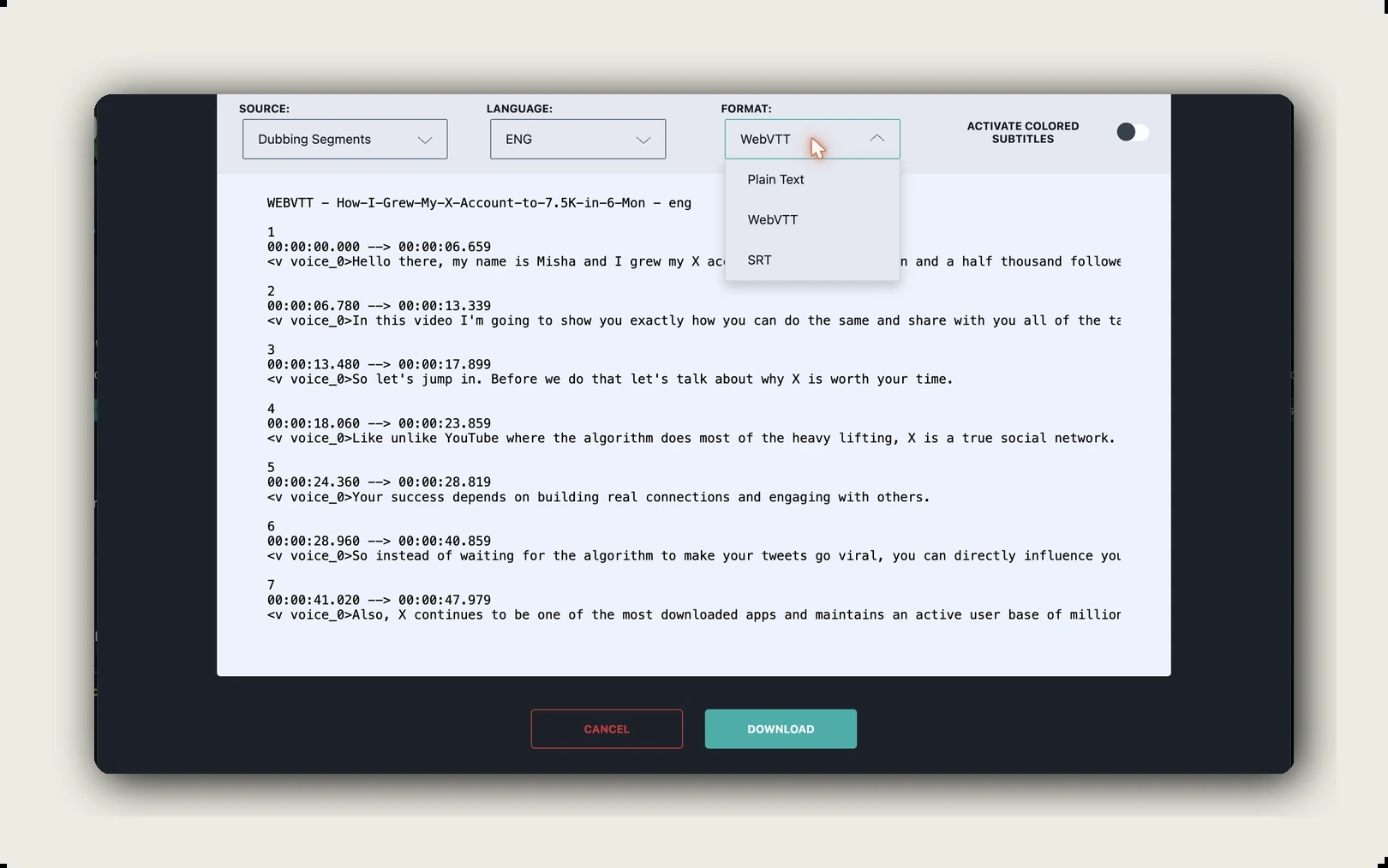 transcribe video to text — alugha dubbr export dialog with WebVTT, SRT, and plain text transcript export options