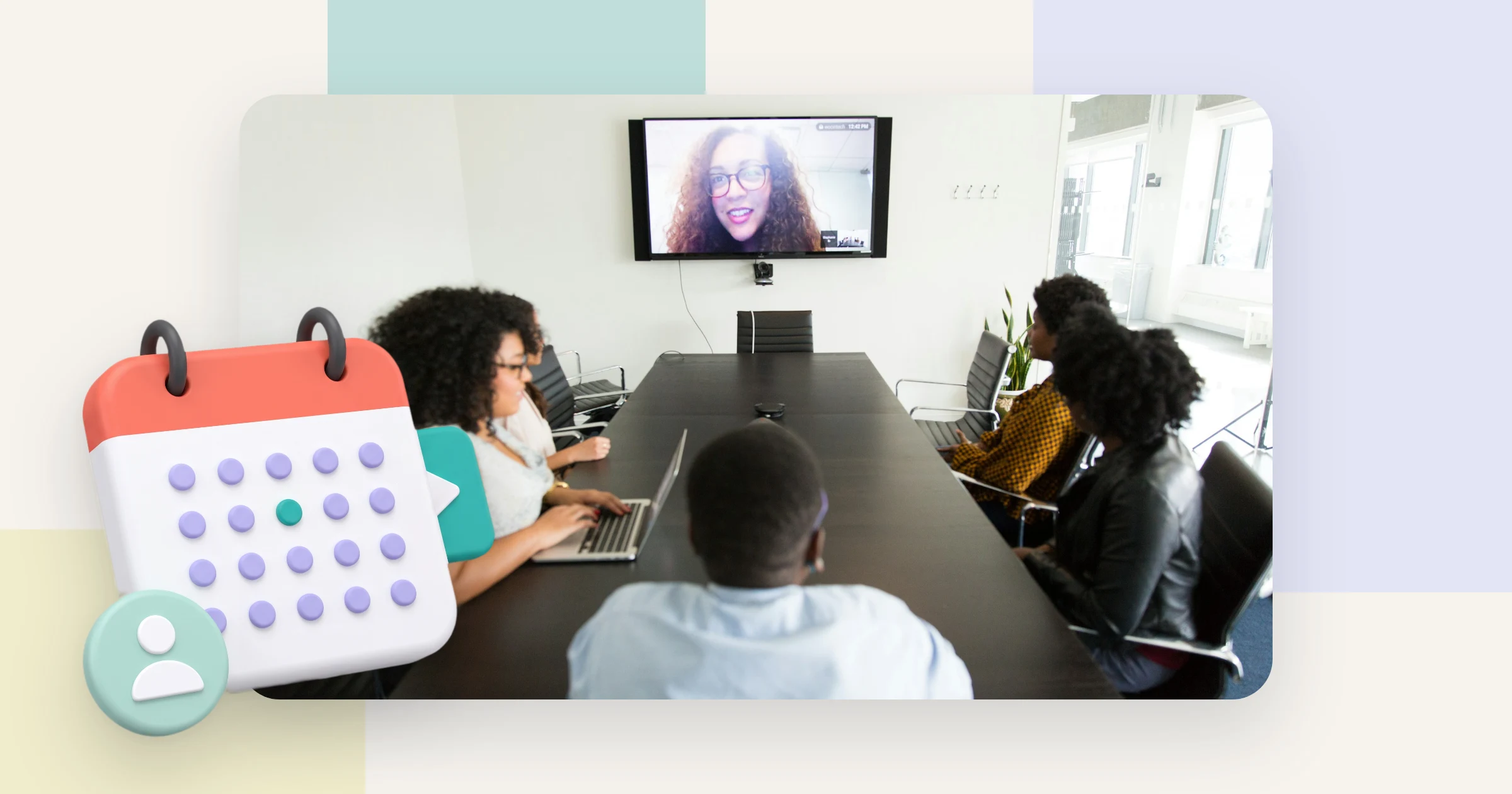 A team in a meeting room follows a colleague on a video call, the everyday format of internal communications video