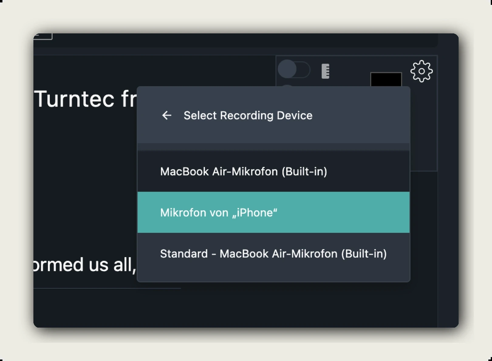 manage recording alugha — Select Recording Device list with MacBook Air, iPhone microphone, Standard input