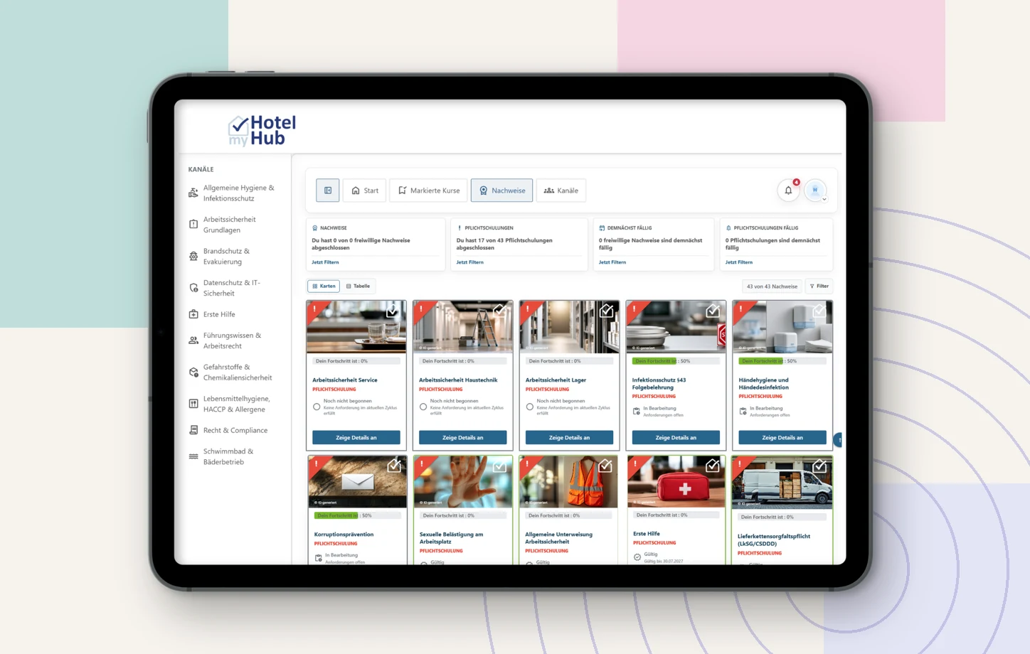 MyHotelHub training overview on a tablet: multilingual training videos for hotel compliance training, localized into 20 languages with alugha