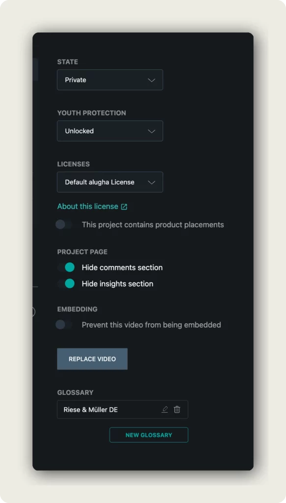 dubbr PROJECT tab showing State and Embedding settings to embed your multilingual video