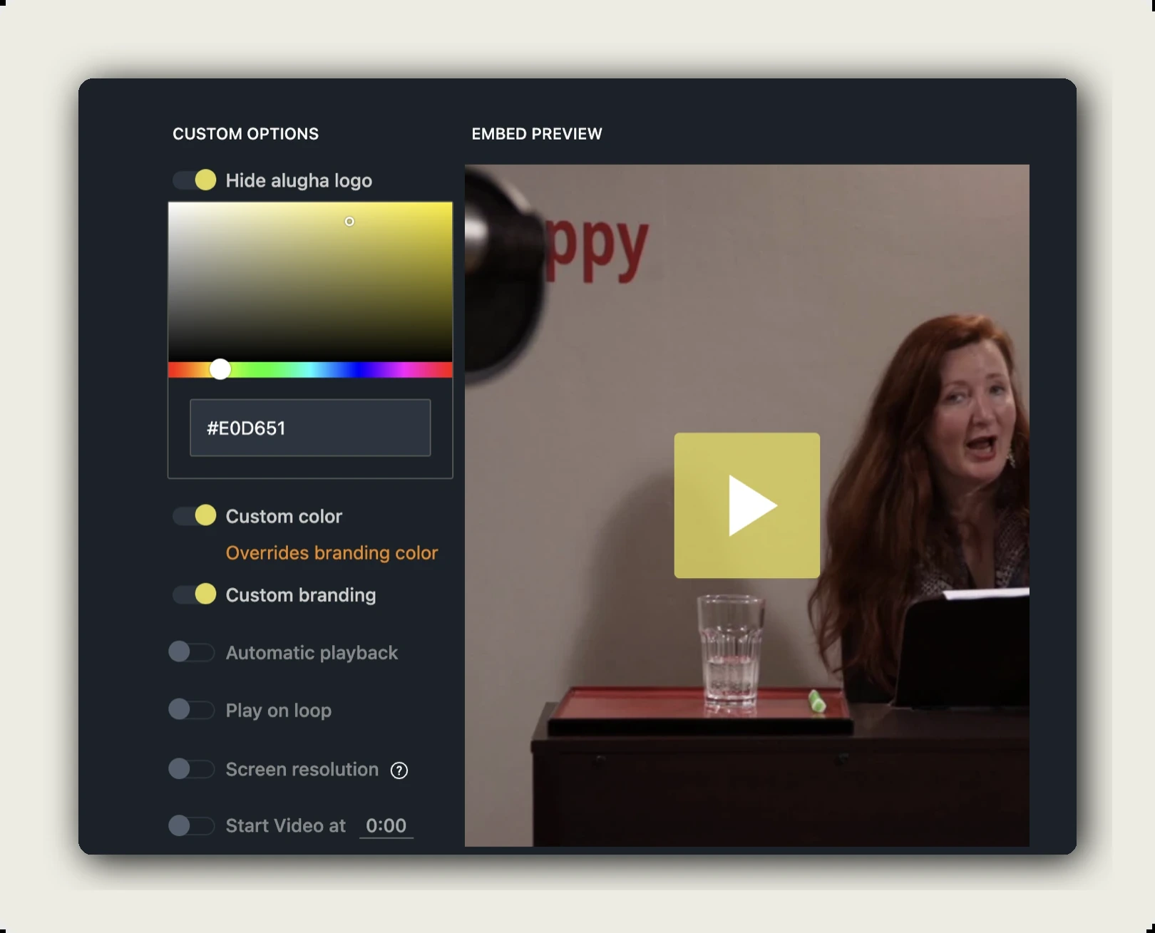 alugha brand profiles — Custom color toggle expanded with hex picker and overrides branding color note