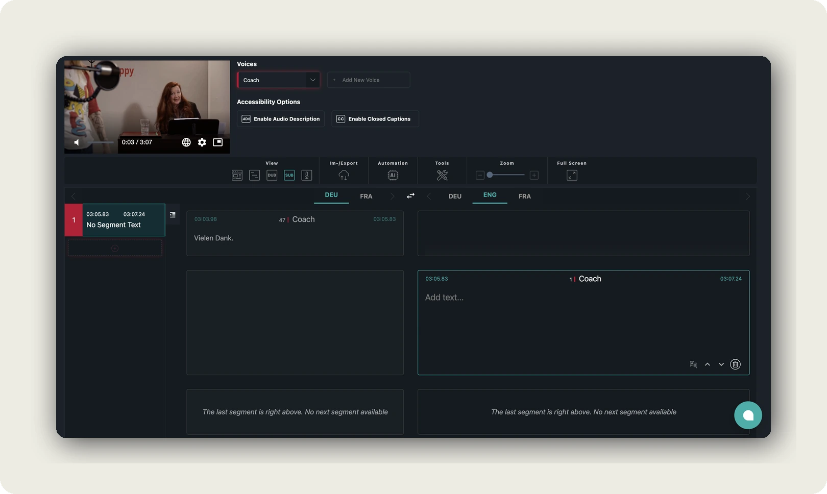 dubbr 101 — Voices section with Coach voice slot and Add New Voice button plus Accessibility Options for Enable Audio Description and Enable Closed Captions