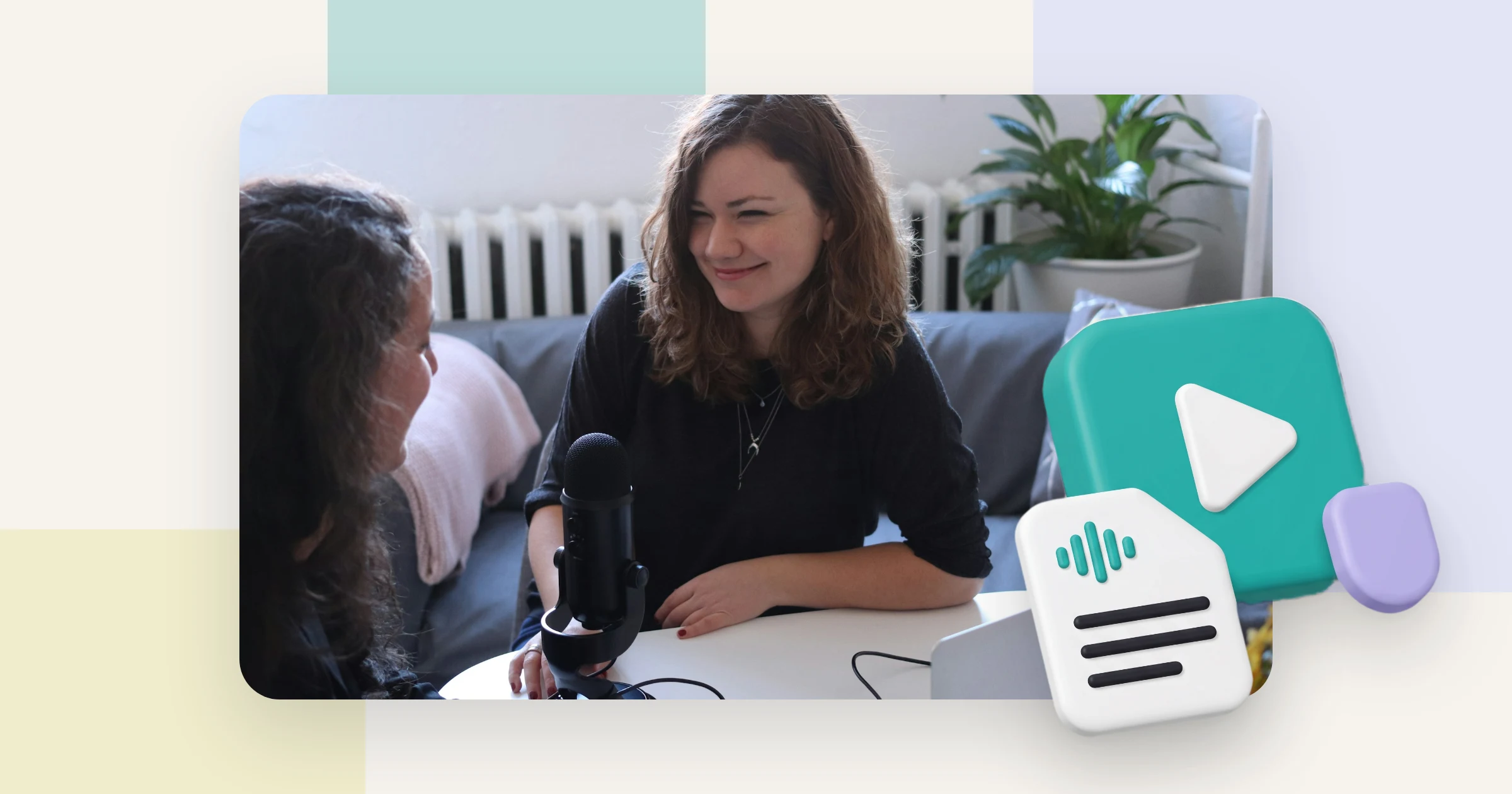 Two women recording an interview at a table with a podcast microphone, the raw material for an interview transcription example