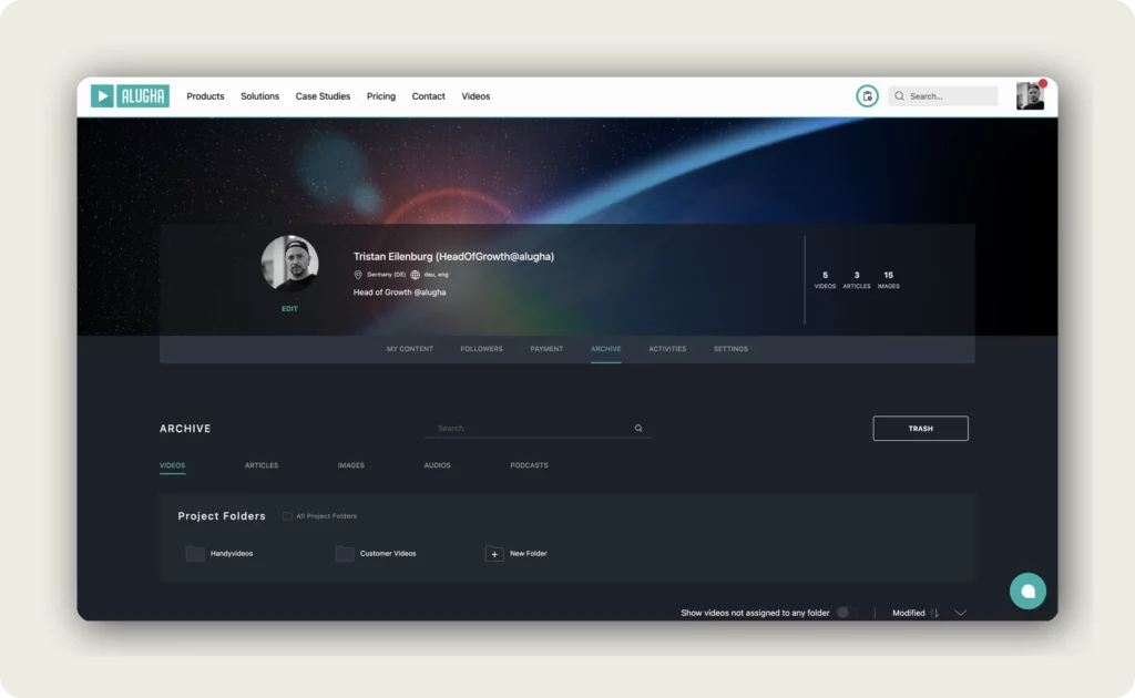 alugha Archive page showing Project Folders and sub-tabs to manage your videos in My archive