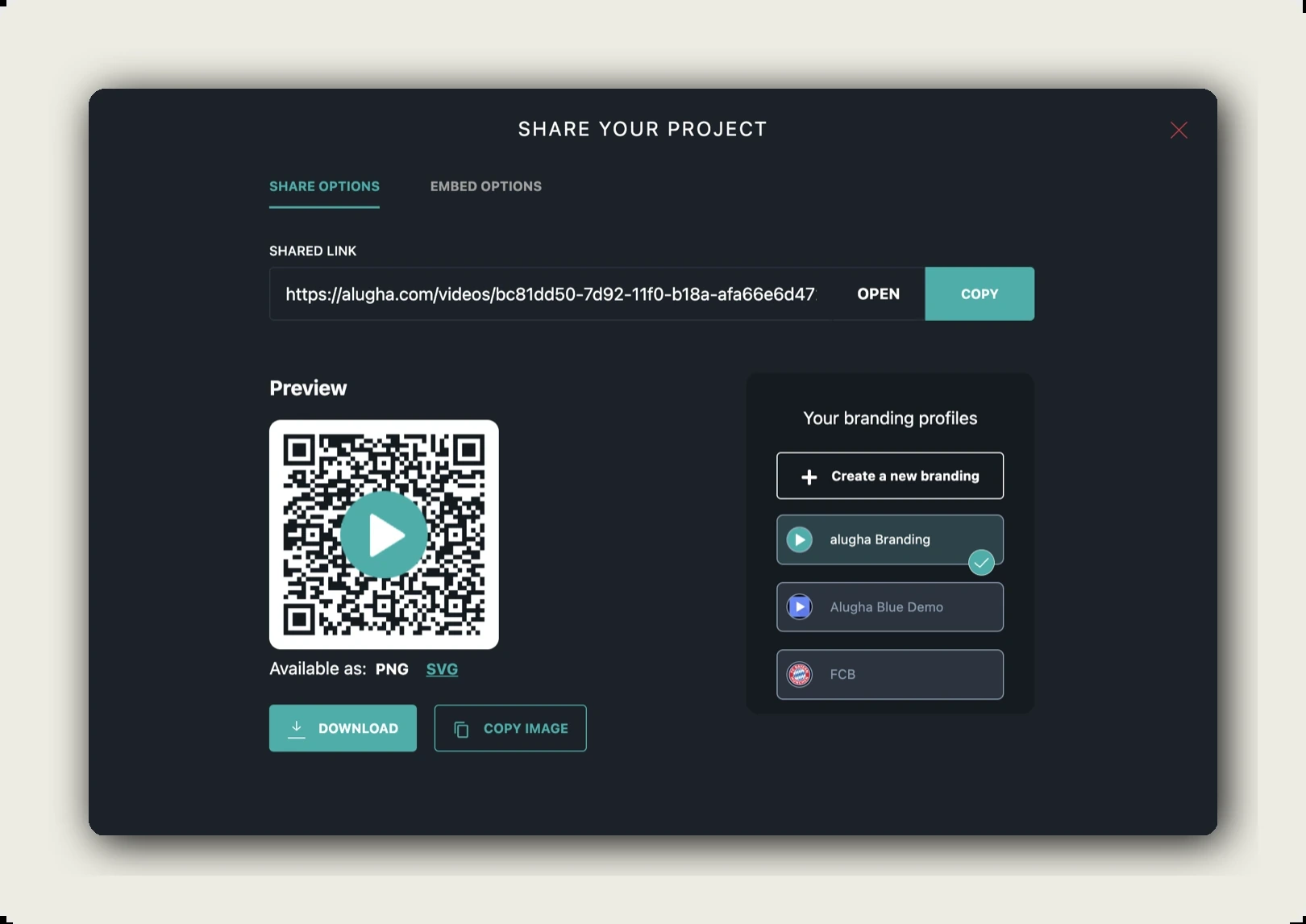 alugha brand profiles — SHARE YOUR PROJECT dialog with Shared Link, QR code preview, and Your branding profiles panel