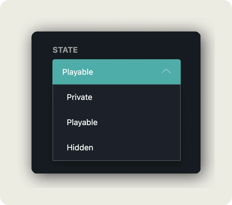 alugha STATE dropdown with Playable, Private, and Hidden options to edit language metadata