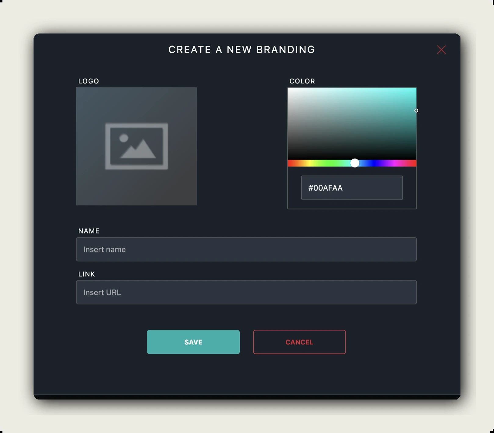 alugha brand profiles — CREATE A NEW BRANDING dialog with LOGO, COLOR picker, NAME, LINK, SAVE, CANCEL