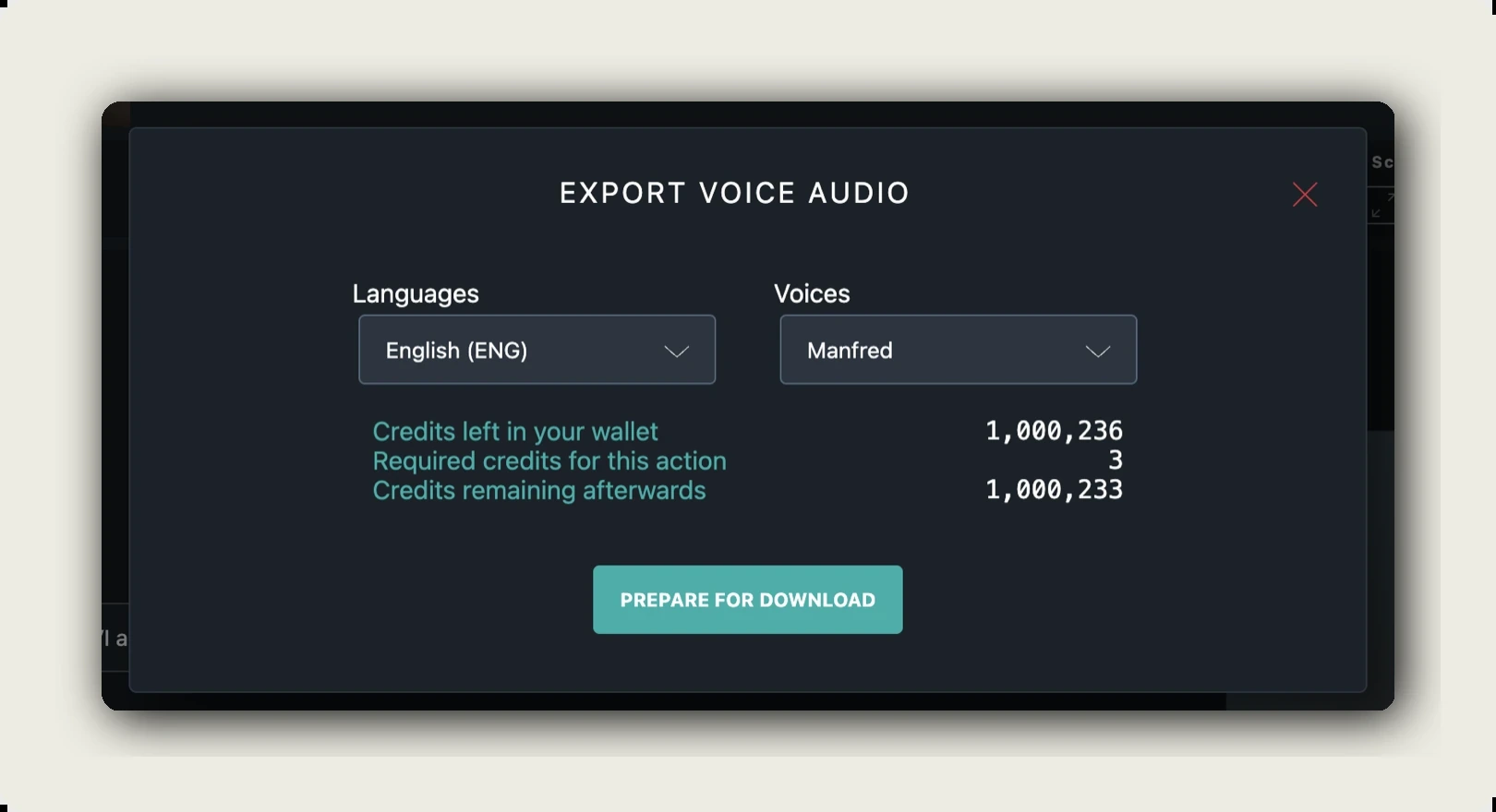 manage audio alugha — EXPORT VOICE AUDIO dialog with credits preview and PREPARE FOR DOWNLOAD button