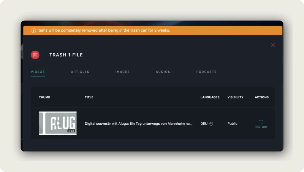 alugha trash dialog with RESTORE action to recover deleted videos in My archive