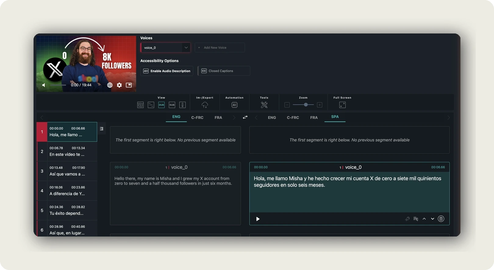translate spanish video to english — alugha dubbr text editor showing the source transcript next to its Spanish translation with speaker labels