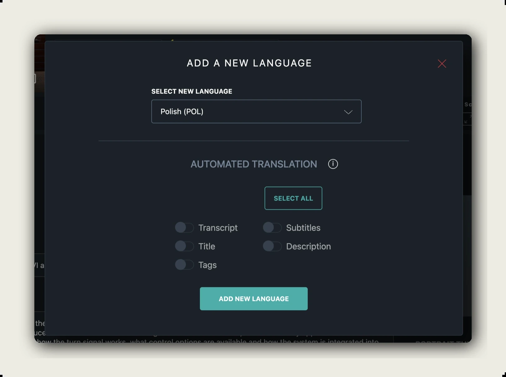 manage language tracks — ADD A NEW LANGUAGE dialog with SELECT NEW LANGUAGE picker and AUTOMATED TRANSLATION toggles