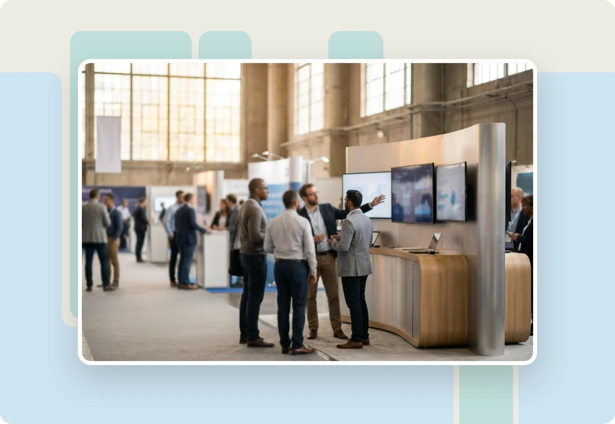 alugha at GITEX GLOBAL 2022: tech and enterprise professionals watching a multilingual video at a technology expo booth in Dubai