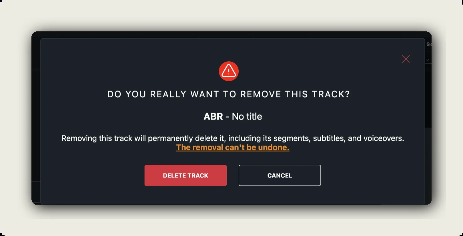 manage language tracks — DO YOU REALLY WANT TO REMOVE THIS TRACK confirmation with red DELETE TRACK button