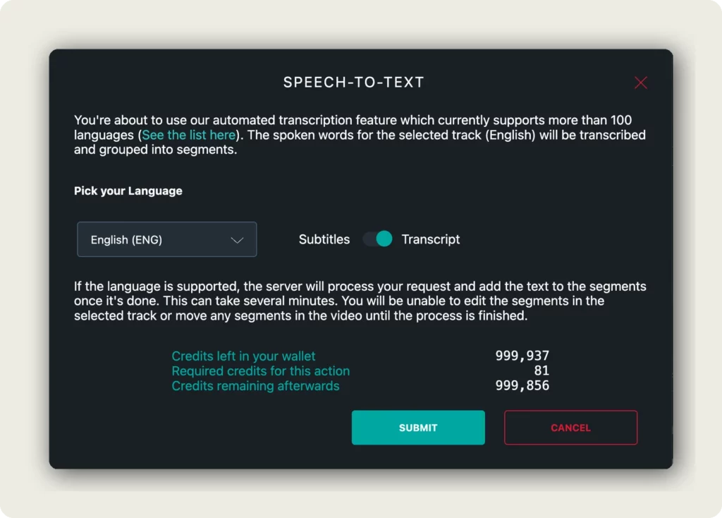 Speech-to-Text dialog showing language selection and credit cost to add AI translations to your video